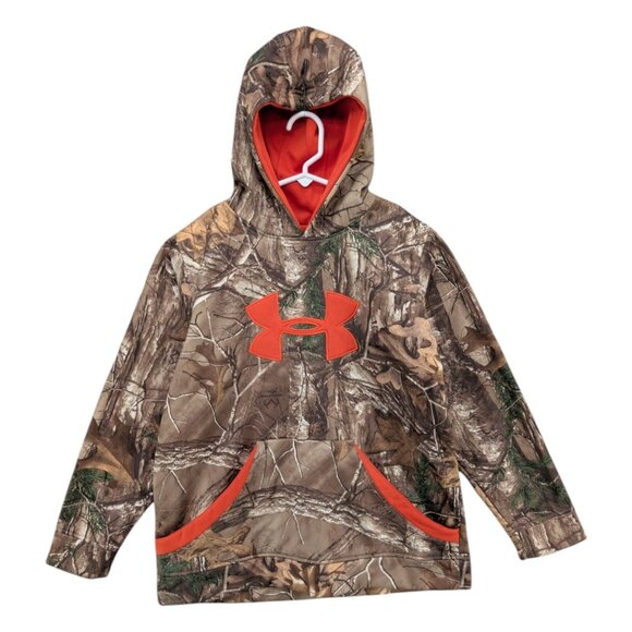 Under Armour Camouflage Hoodie Boys Green Orange Realtree Xtra Pullover Sz L - Picture 1 of 9